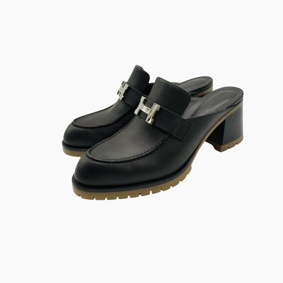Hermès Flore 60 Leather Mules Heels Black Size 37.5 - Picture 1 of 12
